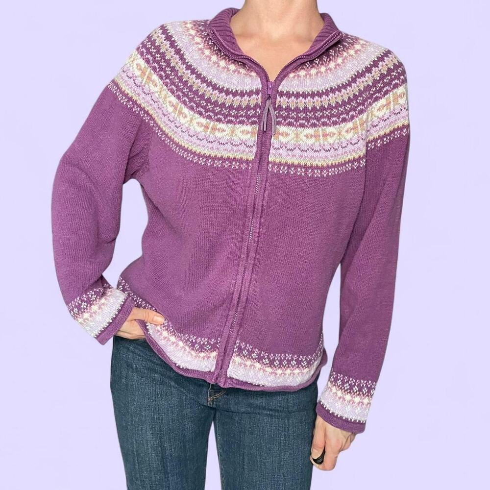 Vintage Y2K Purple Fair Isle Zip Up Sweater Tiara International Size XL Cottage